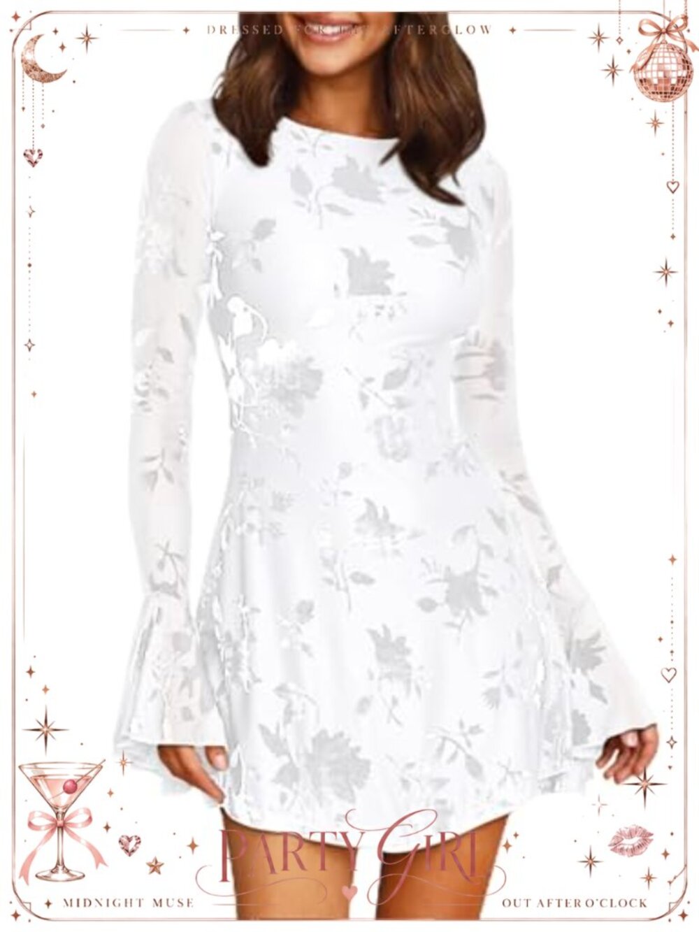 Women's Long Sleeve Mesh Velvet Floral Fit and Flare Bodycon Mini Dress